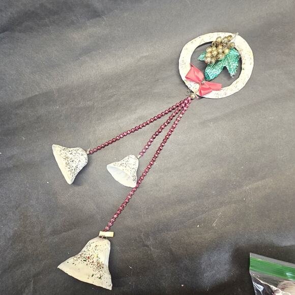 Vintage Paper Mache Glitter CHRISTMAS BELLS 17" Mercury Glass Beads Wreath Garla - Picture 1 of 10